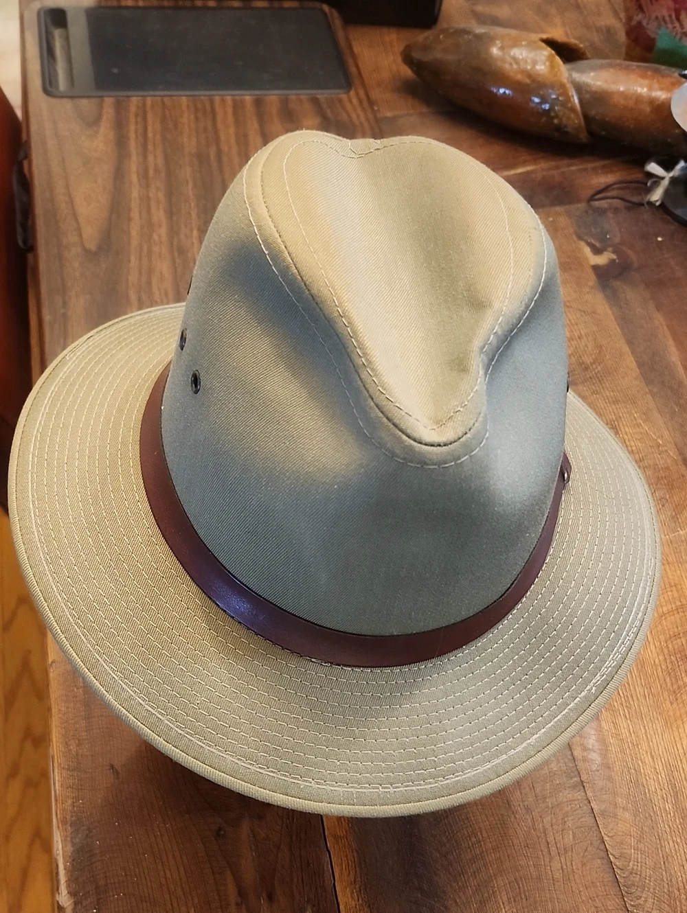 Backtrails Men's Olive Green Canvas Outback Hat with Brown Leather Band